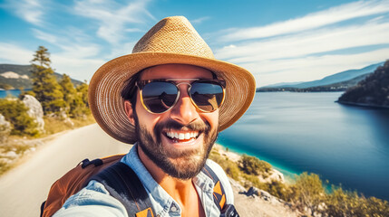 happy smiling male tourist in sunglasses and hat taking selfie in nature by the lake, made with Generative AI - obrazy, fototapety, plakaty