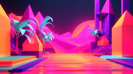 Fototapeta premium Neon Tropical Synthwave Theme 3D Abstract Background