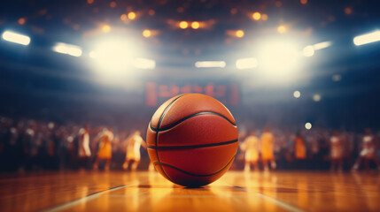 Close up of a Basketball ball in the center of the stadium