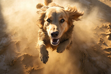 Top angle shot of Golden Retriever jumping on camera while running between dust and dirt. Generative ai