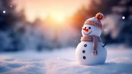 Fototapeta premium Happy snowman standing in winter christmas landscape. Merry christmas and happy new year greeting card.