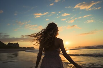 Fototapeta premium Girl on beach sunset walking. Generate Ai
