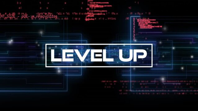 Animation of level up text over programming language and illuminated maze structures