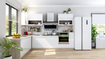 White modern contemporary stylish kitchen room interior, 3D Rendering 