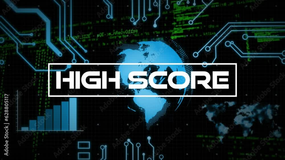 Poster animation of high score text, programming language, globe, graph, electronic circuit board pattern