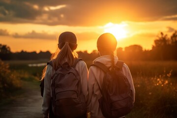 Fototapeta premium Girls students sunset leisure. Generate Ai