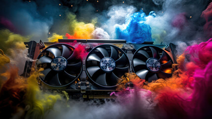 Dynamic shot of a GPU with visible spinning cooling fans with colorful smoke