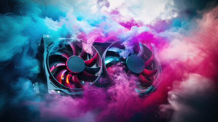 Dynamic shot of a GPU with visible spinning cooling fans with colorful smoke