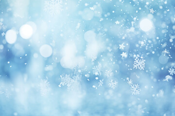 Fototapeta premium Snowy, winter blurred background in light blue and white tones. Generative ai