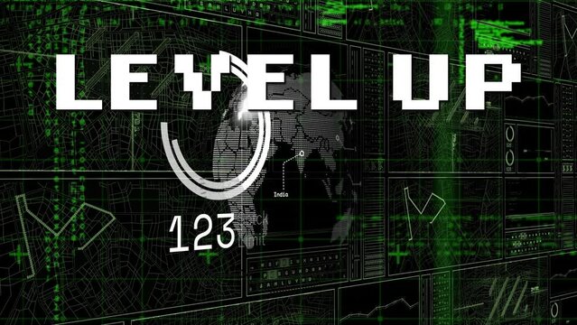 Animation of level up text over programming language and hud interface screens