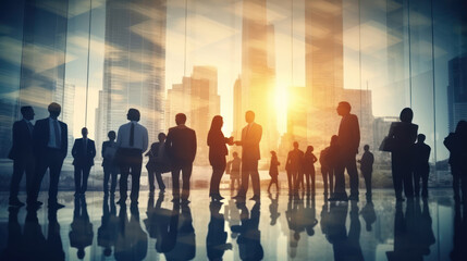 Fototapeta premium Double exposure image of many business people conference group