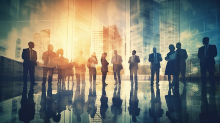 Double exposure image of many business people conference group