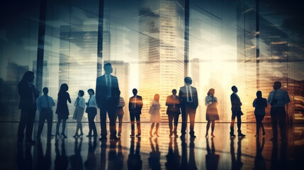 Double exposure image of many business people conference group