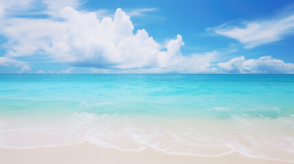 Fototapeta na wymiar Summer concept background with blue sky and white sand beach. Generative ai
