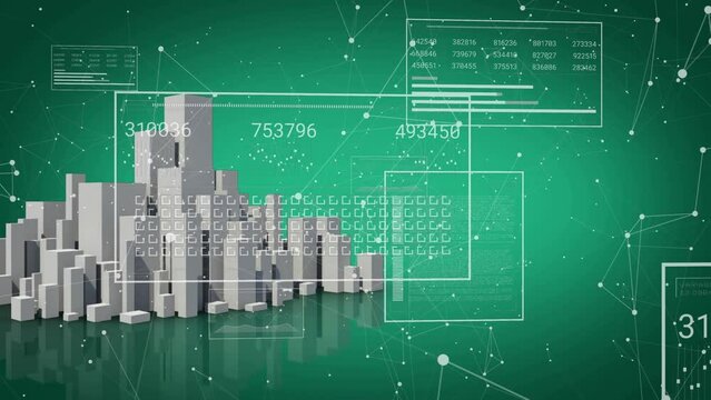 Animation of connected dots and numbers on screens over 3d models of buildings on green background