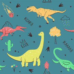 childish dinosaur seamless pattern for fashion clothes, fabric, t shirts. hand drawn vector with lettering.