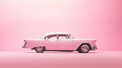Side center shot of barbie doll's pink classic car with barbie movie concept. Generative ai - obrazy, fototapety, plakaty