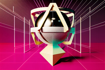 abstract geometric angular and spherical trophy sculpture, digital constructivism, retro-futuristic,  silver and magenta