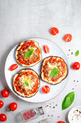 Eggplant Pizza with Tomato Sauce, Minced Meat, Mozzarella and Basil, Mini Vegetable Pizza over Bright Background