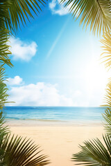 Fototapeta na wymiar Sea, sand, sunny sky and tropical plant leafy frame and background. Generative ai