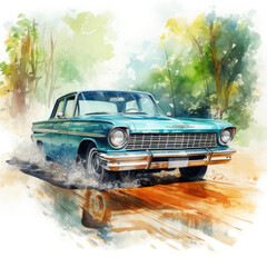 retro car. watercolor illustration on white background.