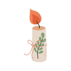 Candle with floral design, rustic decoration. Decorative wax candle for relax and spa. Concept of hygge lifestyle. Hand drawn flat style vector illustration.