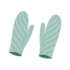 Cute knitted mitten with  jacquard ornament. Warm woolen Winter clothes. Concept of hygge lifestyle. Hand drawn flat style vector illustration.
