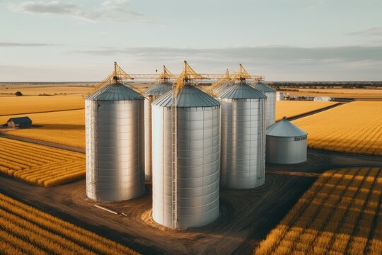 Grain silos farm field. Generate Ai