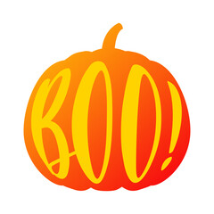 Logo con texto manuscrito boo halloween en silueta de calabaza de Halloween para su uso en invitaciones y tarjetas 