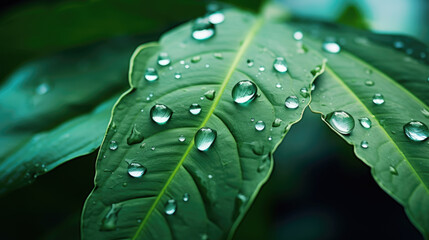Rainwater drops on dark green leaves, macro, nature background. Generative ai