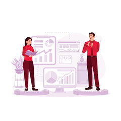 The finance manager and secretary audit, check and make financial reports. Trend Modern vector flat illustration