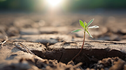 A lone sapling growing out of cracked, dry soil - obrazy, fototapety, plakaty