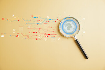 Cloud computing concept with magnifier glass focusing on big data. Downloading and loading information. System network application, technology, and data security. Digital innovation.