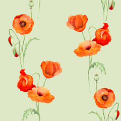 Watercolor seamless pattern with hand drawn summer bright red poppy flowers. Isolated on color background. Design for invitations, wedding, love or greeting cards, paper, print, textile