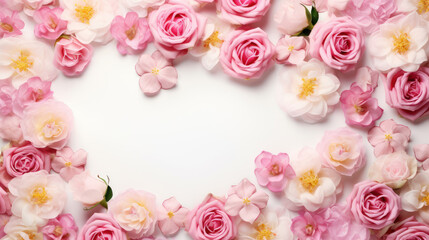 Fototapeta na wymiar Close up of blooming pink roses and petals on white background. Decorative romantic banner. 