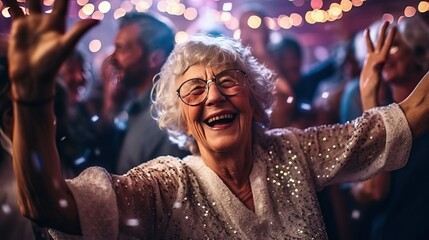 Elder woman dance at night party - obrazy, fototapety, plakaty