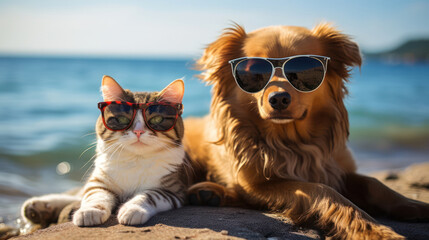 Cat and dog on a sunny beach wearing sunglasses
