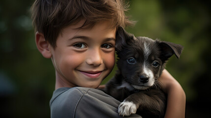 Cute boy holding his new adopted puppy