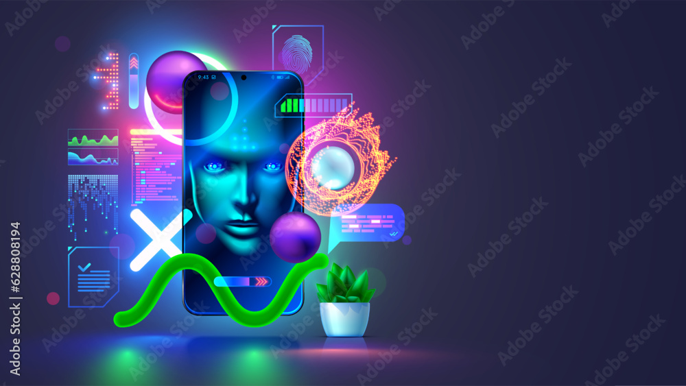 Poster AI in image wise face on screen hanging phone with artifical intelligence. Innovation computer technology of artificial neural networks. Intelligence chatbot of mobile phone. Robot head analyse data.