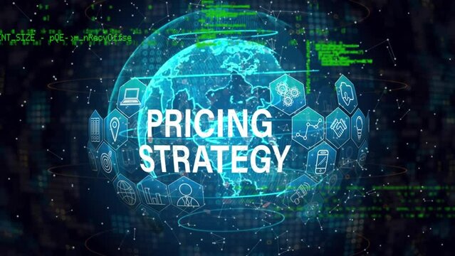Animation of computer language over pricing strategy and icons on globe against connected dots
