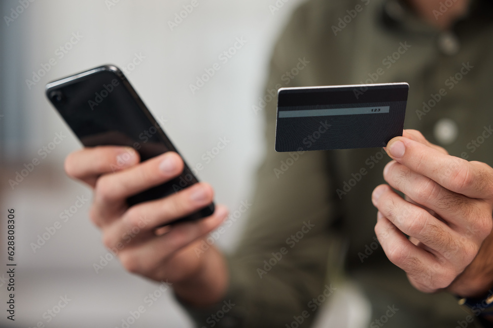 Aufkleber Hands, credit card and phone with typing in office for password, cybersecurity and payment for e commerce. Person, fintech and smartphone for finance, saving or online shopping with deal in workplace