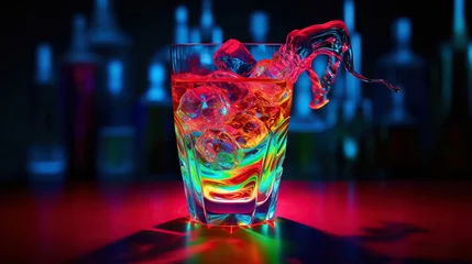 Fotobehang Glass of cocktail in hypnotic neon light. Colorful rave party drink. Generative AI © AngrySun