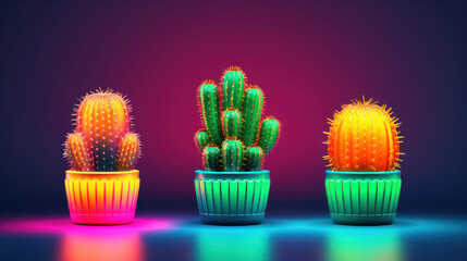 Set colorful neon cactus on dark background. 