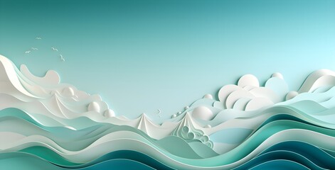 Paper sea waves. Blue water wave paper cut decor, marine landscape with curly waves ocean created  with Generative AI technology
