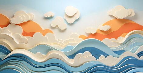 Paper sea waves. Blue water wave paper cut decor, marine landscape with curly waves ocean created  with Generative AI technology
