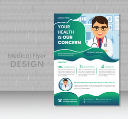 Green Medical Flyer Layout with Abstract Shapes, Healthcare Flyer Template, Poster, Brochure A4 size for Medical Company
