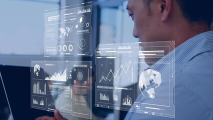 Animation of graphs, map, globe, loading bars and circles over asian man surfing on digital tablet