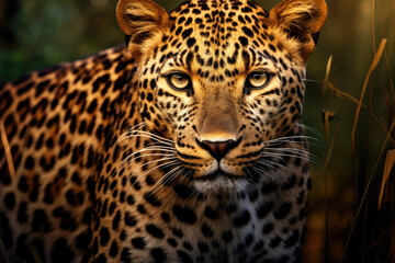 Menacing black spotted yellow leopard looking at camera with serious facial expression. Generative ai