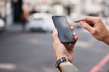 Phone, mockup and hands of man in a street with connection, contact and location. Smartphone,...