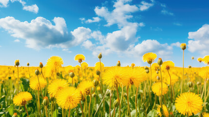 Obraz premium Meadow with many yellow dandelion flowers and cloudy blue sky, summer nature background. Generative ai